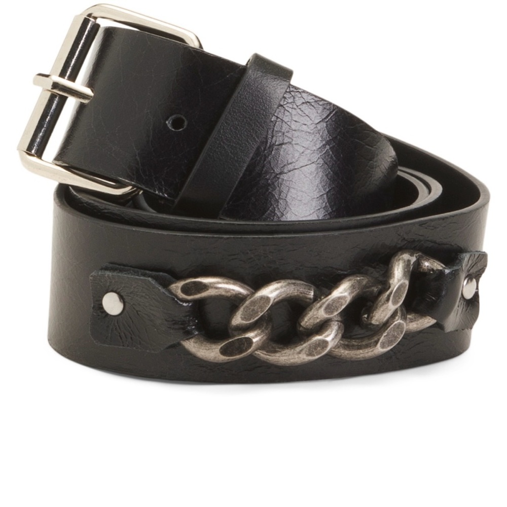 Stylish Black Leather Belt with Chain Accent